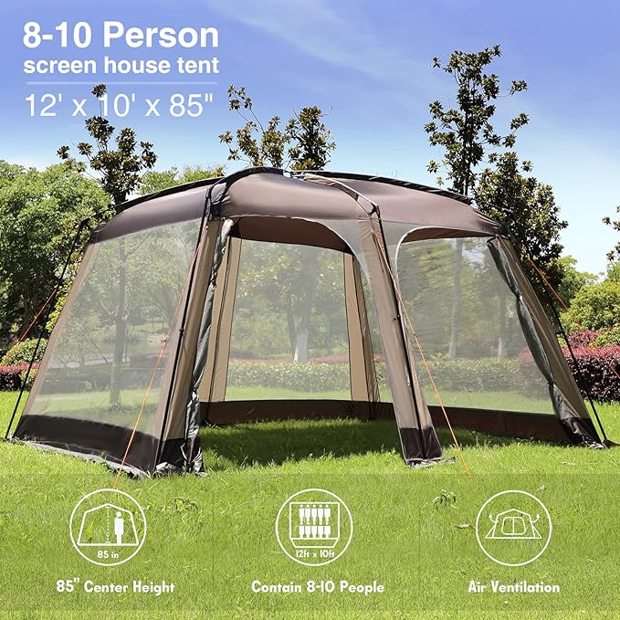 EVER ADVANCED 12' x10' Screen House Tent Netted Canopy Mesh Tents for Camping 8-10 Person Sun Shelter