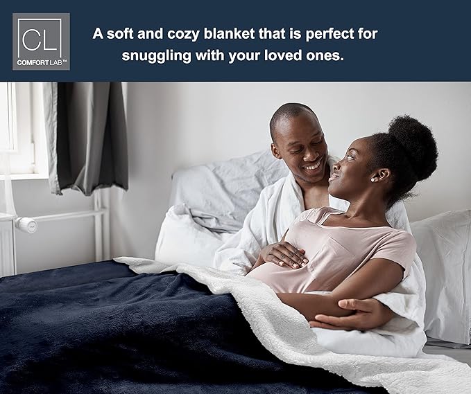 Comfort Lab Reversible Flannel Sherpa Throw Blanket - Elegant Fluffy Throw Blankets for Couch and Home Decor - Anti Pilling Non Shedding Cozy & Warm Fleece Throws - Oversize Throw (60" x 70") - Navy