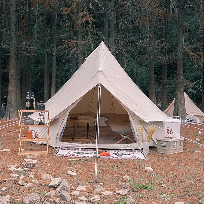 GeRRiT Yurt Tent Camping,Cozy House Outdoor Waterproof Four Seasons Family Camping Cotton Canvas Bell Tent with Meshed Door and Windows