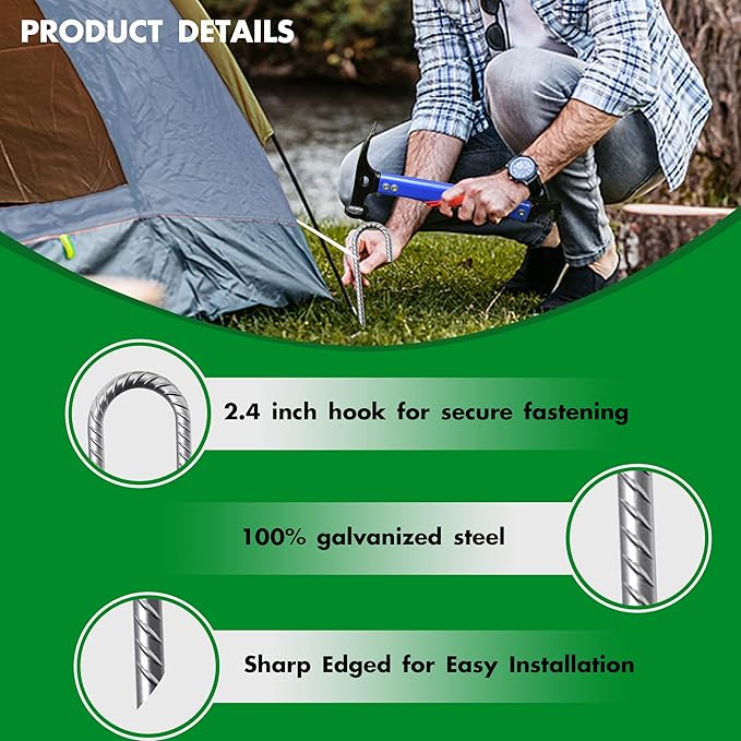 Eurmax USA Trampolines Stakes Heavy Duty Ground Stakes Canopy Parts Wind Stake with Rope 12 Inch Heavy Duty Stake Safety Ground Anchor Galvanized Steel J Shaped, Pack of 4(Silver)