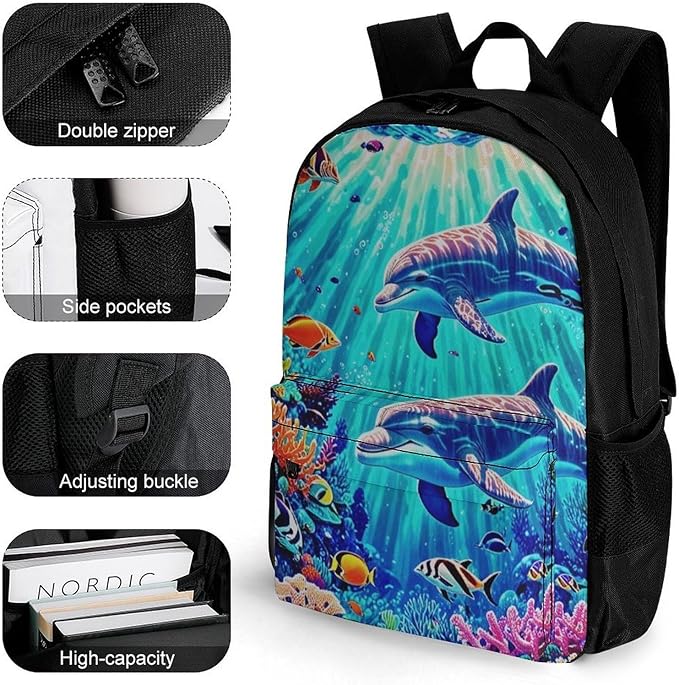Supdreamc Rucksacks Lightweight Multipurpose Anti-Theft Dolphins Sea Water Life Underwater Beautiful Sea World Shoulder Bag Large Capacity Business Computer Bag With Smooth Zippers
