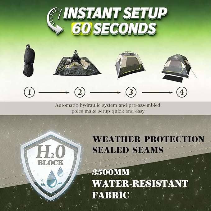 Camping Tent 2/3/4 Person Instant Pop Up Tents for Camping - 40s Automatic Easy Setup Tent with Rainfly, Double-Layer Waterproof & Windproof Instant Tents with Welcome Mat for Camping & Hiking