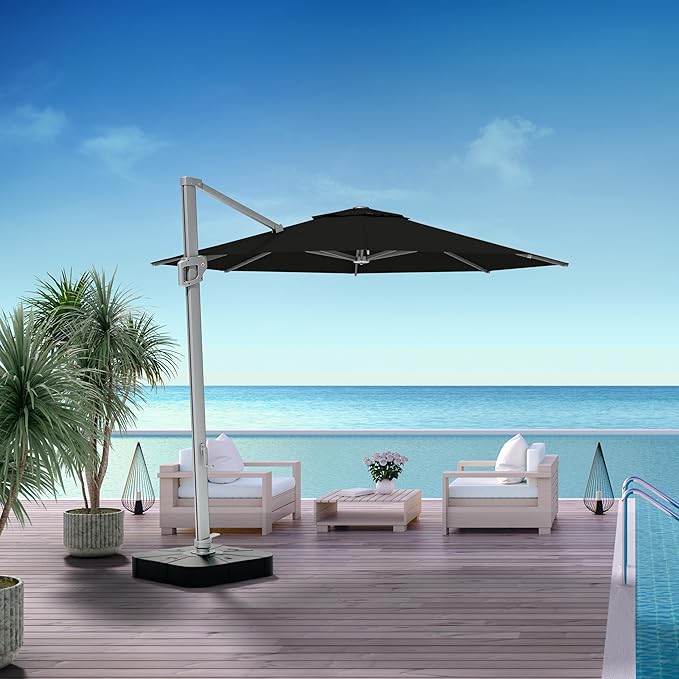 Midtown Umbrellas 10 Ft Outdoor Cantilever Patio Umbrella w/Sunbrella Black Frabric - Tilt 360° Rotate Offset Patio Umbrella, Deck Patio Umbrella, Backyard Umbrella & Garden Umbrella - Silver Frame