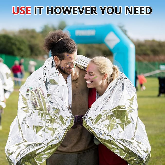 SecuCaptain Survival Emergency Thermal Blankets: 100 Pack Extra Large 84” x63” Space Mylar Blanket Kit for Outdoor Cold Winter Camping Hiking Car Bug Out Bag or First Aid