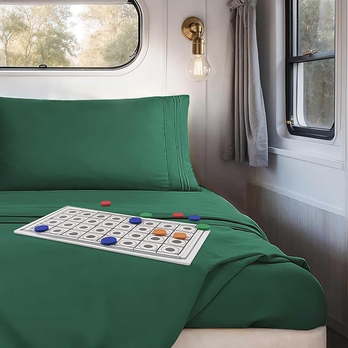 Hearth & Harbor Short Queen Sheets for RV, Dark Green RV Queen Sheets, Silky Soft 1800 Microfiber Bed Sheet for Camper, 4 Piece RV Bedding with Pillowcases
