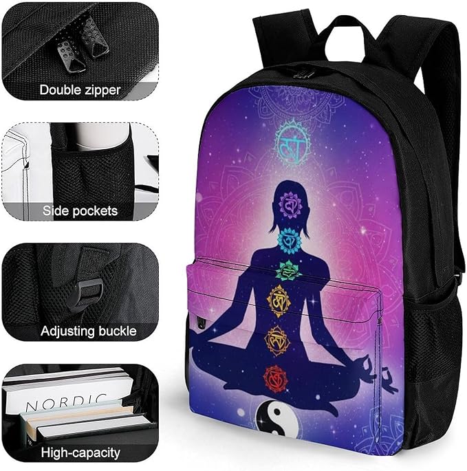 Men Women Polyester Chakra Yoga Meditation Lotus Blue Mandala Daypack Big Capacity Shoulder Bag With Smooth Zippers for Hiking Work Walking Cycling