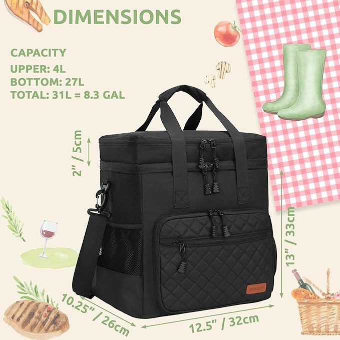 31L Large Insulated Cooler Bag for Men or Women, Double Layer Soft Cooler Bag for Picnic, Camping, Beach, Travel, Food & Drinks, Black
