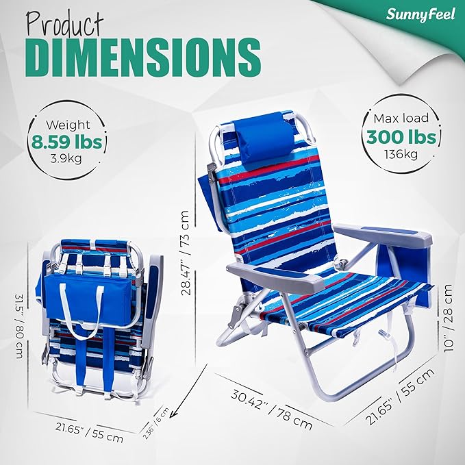 SUNNYFEEL Beach Chairs for Adults 2 Pack 5 Position Lay Flat, Portable Folding Backpack Beach Chair Heavy Duty with Cooler Bag, Cup Holder for Outdoor/Lawn/Picnic, Foldable Camping Chair