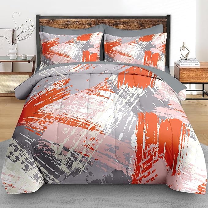 Comforter Set King Size, Urban Graffiti Orange Grey 7 Pcs Bedding for Kids and Adults, Abstract Paint Line Bed Sheet Sets with Fitted Sheet 2 Pillowcase & 2 Sham for Bedroom Bed Decor
