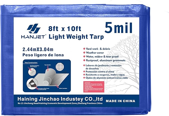 Heavy Duty Tarp Waterproof Outdoor Tarps Multi-Purpose Tear and Rip Proof UV Resistant Blue Tarpaulin with Reinforced Grommets and Edges (5mil, 8' x 10')