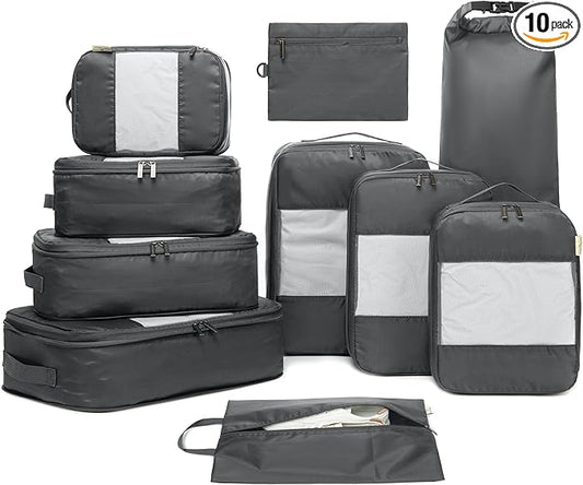 10-Pack Large Compression Packing Cubes for Travel - Lightweight Compression Packing Cube Set, Water-Resistant Luggage Organizer Bags & Suitcase Organizers, Travel Cubes for Carry-On, Checked Luggage
