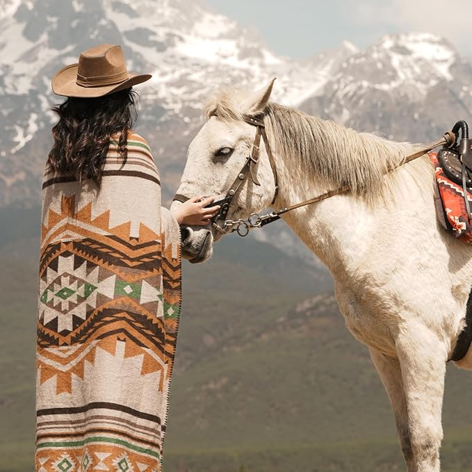 Aztec Throw Blanket with Soft Sherpa Lining, Traditional Southwestern Navajo Tribal Style Warm Throw for Camping, Outdoor, Cozy Boho Blanket for Couch, Sofa, Bed, 50"x60", Yellow