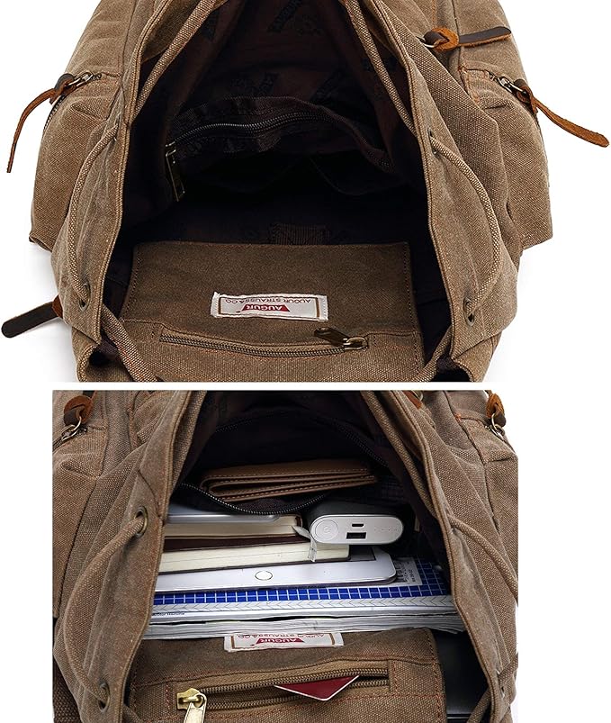 HuaChen Vintage Canvas Travel Backpack with Leather Trim, Laptop Padded Sleeve, Hidden Back Security Pocket, Fits 14-Inch, M32 Brown