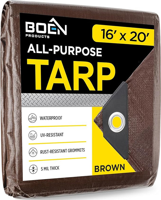 Multi-Purpose Large Tarp Waterproof Cover | Brown, 16' x 20' 5 Mil Thick | Rip Proof Tarps | Thick Weave Material, UV Resistant Great for Tarpaulin Canopy Tent, Boat, RV or Pool Cover