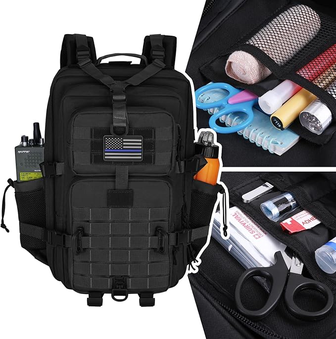 45L MOLLE Assault Backpack, Tactical Backpack Military Army Camping Rucksack with Bottle Holder, 3-Day Pack Trip w/USA Flag Patch, D-Rings, Black
