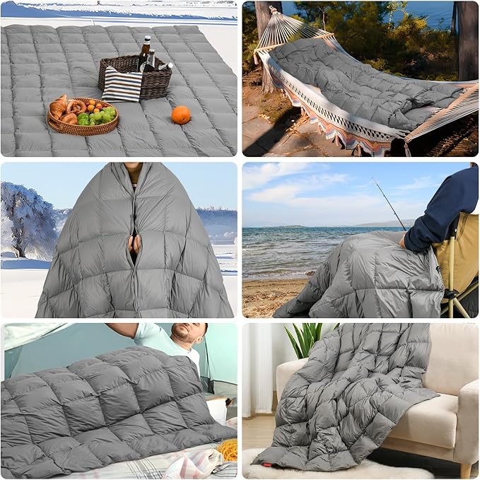 Down Camping Blanket, Muti-Use Outdoor Travel Blanket, Puffy Sleeping Bag Blanket, Waterproof Packable Backpacking Quilt for Camping, Travel, Airplane, Hiking, Picnic, 55''x79''