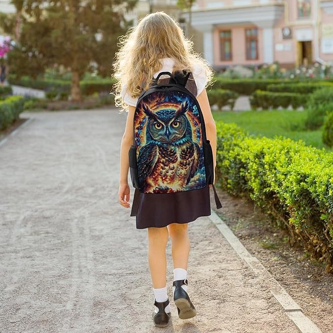 Polyester Daypack Backpack for Sports Travel Running, Big Capacity Anti-Theft Multipurpose Carry On Bag, Galaxy Nighthawk Owl Laptop Book Bag Rucksack