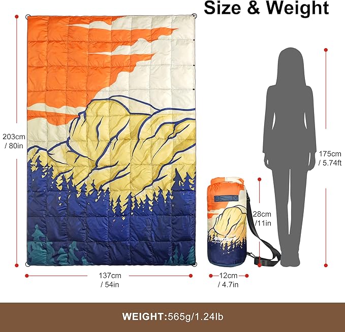 4Monster Down Camping Blanket - Outdoor Travel Quilt Puffy 650 Fill, Packable, Lightweight,Wind & Waterproof | Ideal for Stadium, Backpacking,Picnics, Beach and Hiking