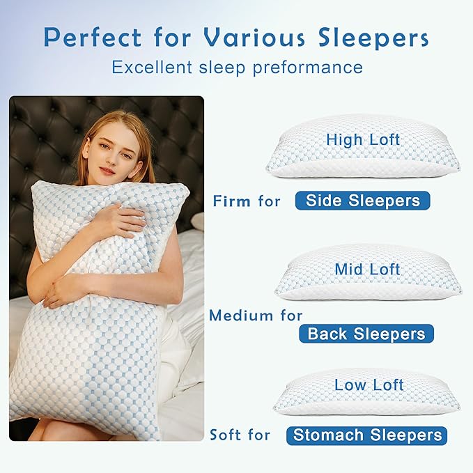 Premium Adjustable Shredded Memory Foam Pillow - Suitable for Side, Back, and Stomach Sleepers, with Cooling Fiber Machine Washable Cover (Standard - 1 Count)