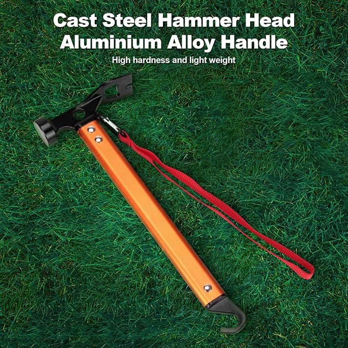 Aluminum Camping Hammer, 3-In-1 Functional Tent Stake Hammer with Puller, Lightweight Tent Mallet for Camping, Hiking & Backpacking, Orange