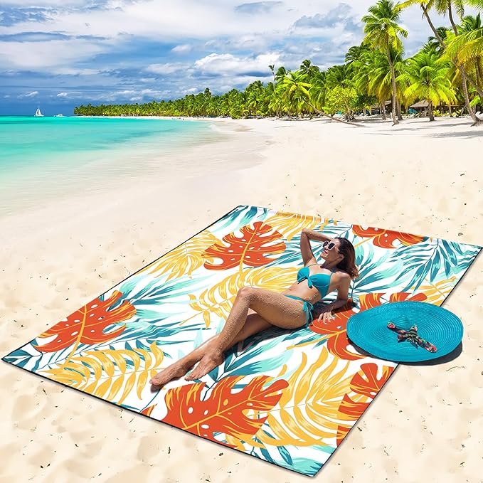 Beach Blanket, Sandproof Beach Mat, Waterproof Quick Drying Lightweight Outdoor Aztec Picnic Mat 79" X 83"/120"x108" for 2-8 Adults for Travel, Camping, Hiking
