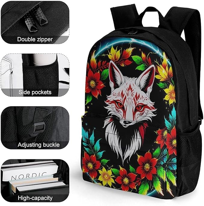 Men Women Polyester Blue Green Red Fire Flame Dragon Fox Kitsune Black Art Daypack Big Capacity Shoulder Bag With Adjustable Shoulder Straps for Camping Travel Walking Cycling
