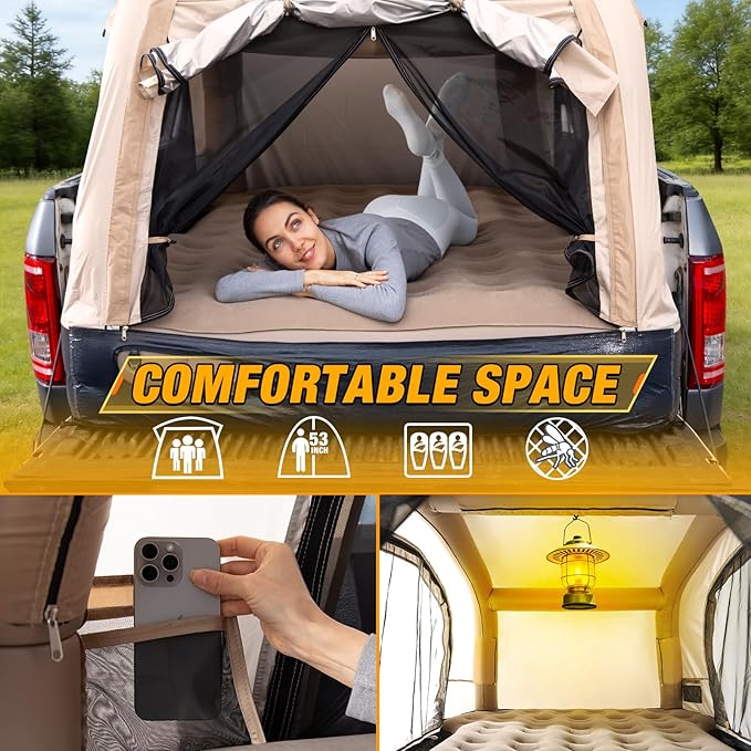 Electric Inflatable Truck Bed Tent with Mattress, Waterproof PU2000mm with Air Pump Pickup Truck Tent, Fits 5.5-6.7FT Full Size Short Bed, All-in-One Quick Setup Truck Tent for Camping