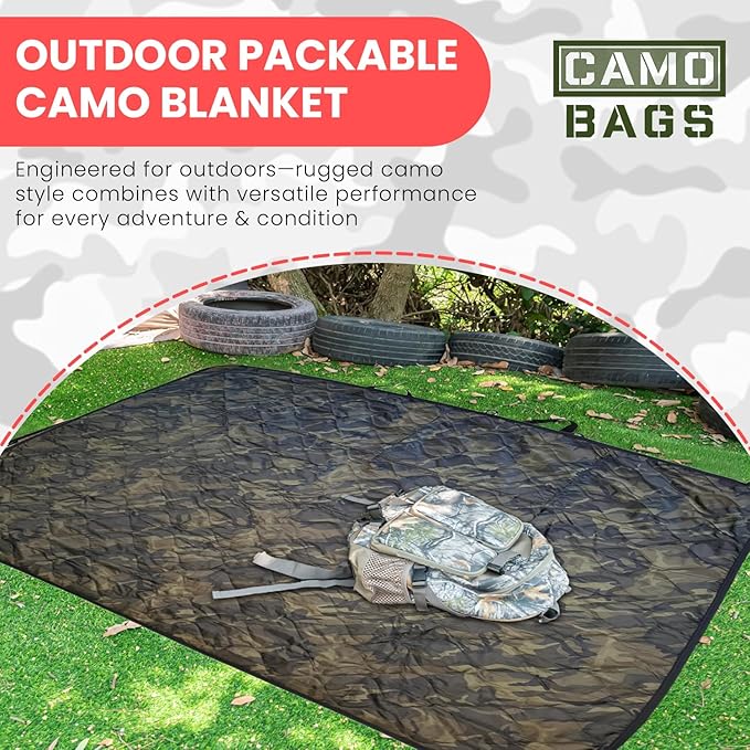 Outdoor Packable Camo Blanket - 1000D Polyester Interior & RIPSTOP Fabric Exterior Blanket with Adjustable & Removable Carrying Strap - Front, Back Storage Pocket - Ideal for Camping & Outdoor Use