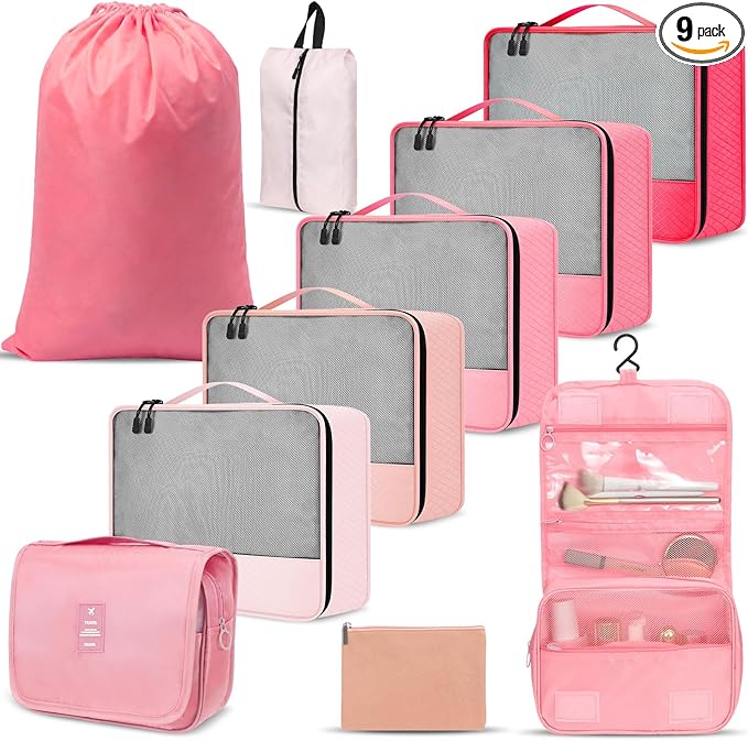 9 Pcs Packing Cubes Set for Travel with Waterproof Clothing Cubes Toiletry Shoe Laundry Jewelry Bag for Women Men(Light Pink)