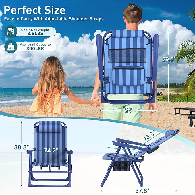 Suteck Backpack Beach Chairs for Adults 2 Pack, 6-Position Folding Reclining Chair with Cooler Bag & Cup Holder, Lightweight Portable Beach Chair for Camping, Outdoor, Sand, Travel Use