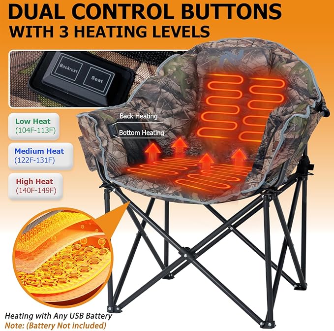 LILYPELLE Oversized Heated Camping Chair, Patio Lounge Chairs with 3 Heat Levels, Portable Folding Heated Chair Round Moon Saucer Folding Lawn Chair Outdoor Chair for Camping, Lounge Patio