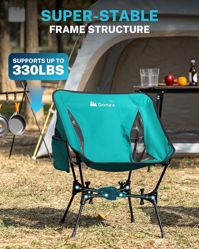Gonex Portable Camping Chair, The 5th Gen Ultralight Compact Backpacking Foldable Lightweight Folding Chair for Outdoor Camp Hiking Beach Picnic Concert, Supports 330lbs (Lake Green)