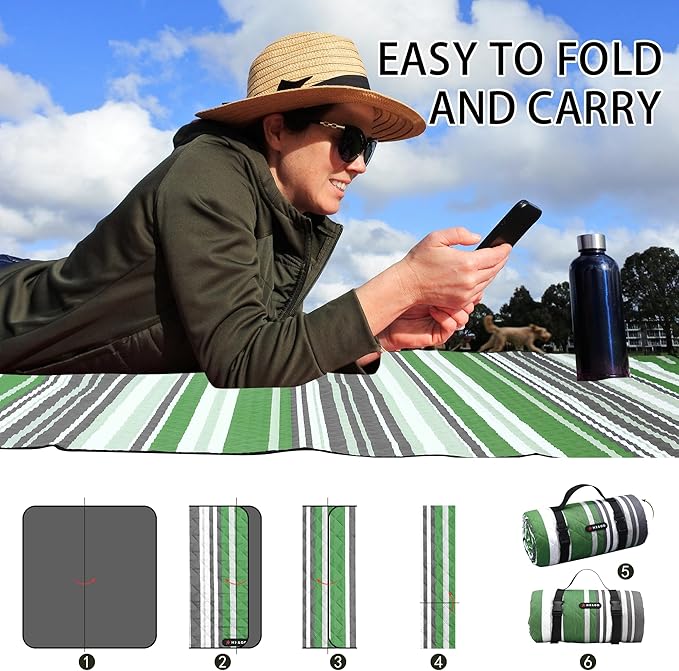 HX&OD Extra Large Picnic Blanket Outdoor 80”x80” Waterproof Picnic Mat Foldable 3-Layer Camping Blanket Portable with Carry Strap Park Blanket for Grass(Green)