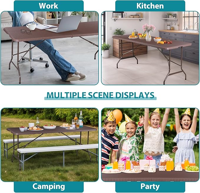 SUPER DEAL 6FT Folding Table for Indoor Outdoor, Portable Heavy Duty Fold-in-Half Plastic Dining Picnic Party Camping Table with Carrying Handle, Brown