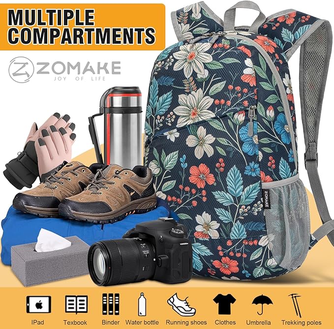 ZOMAKE Lightweight Packable Backpack,Foldable Backpacks Small Daypack for Hiking Water Resistant Day Bag for Travel(Navy blue,Floral pattern)