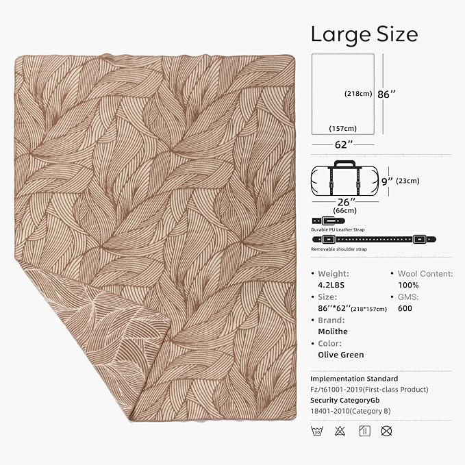 100% Wool Blanket, 62" x 86", Warm, Thick, Washable, Military Wool Blanket, Great for Camping, Outdoors, Sporting Events, Survival Kits