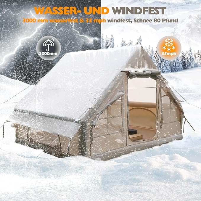 Inflatable Camping Tent, Glamping Inflatable Tent for Camping, 4 Season Water&Windproof Outdoor Oxford Blow Up Cabin Tent with Mesh Windows & Doors for 4-8 People Camping