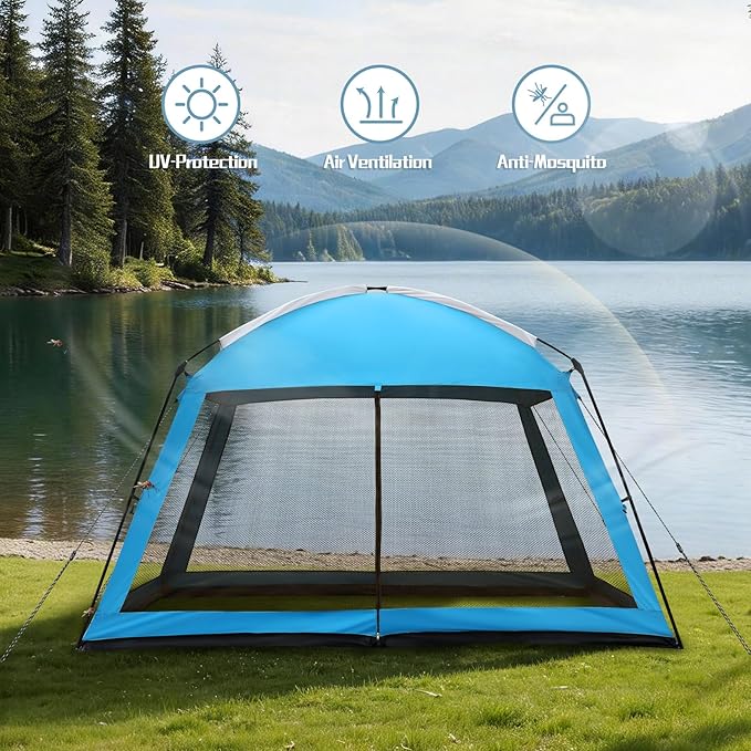12 x 12 FT Camping Screen Tent for 8-10 Person, Easy Setup Screen House with UV 50+ Sun Protection & Mosquito Net for Camping, Backyard, Picnic, Patio Outdoor Blue