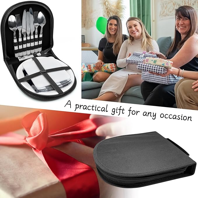 Portable Camping Silverware Utensil Set, 13 Pcs Picnic Mess Kit for 2 Person-Stainless Steel Serrated Knife Spoon Fork Wine Opener Plate Cutting Board Napkin, Camp BBQ Travel Set