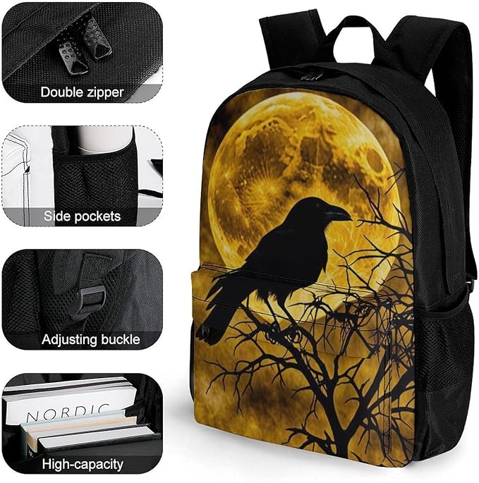 Backpack Anti-Theft Multipurpose Large Capacity Carry On Bag, Halloween Raven Moonlight Moon Night Camping Outdoor Backpack With Side Pockets