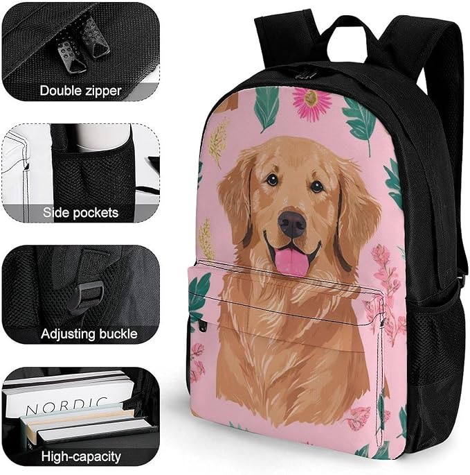 Supdreamc Men Women Lightweight Cute Golden Retriever Dog Pink Casual Daypack Big Capacity Bookbag With Padded Straps for Gym Travel Walking Cycling