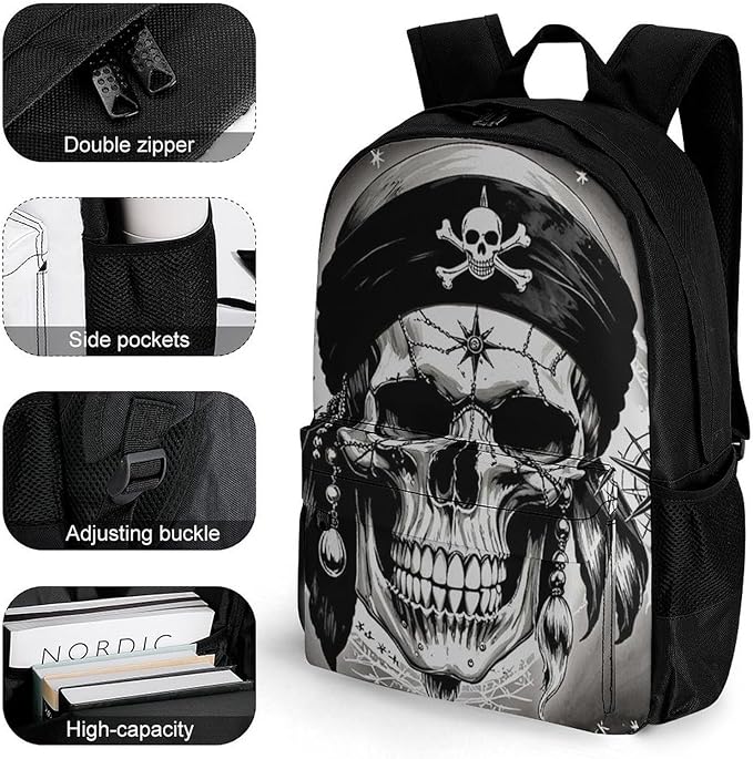 Lightweight Daypack for Camping Business Walking Cycling, Large Capacity Anti-Theft Multipurpose Bookbag, 3D Pirate Skull Gym Outdoor Hiking Backpack