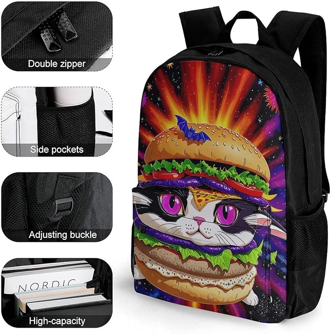 Adults Lightweight Space Hamburger Cat Rucksacks Large Capacity Bookbag With Adjustable Shoulder Straps for Trekking Outdoors Bicycle