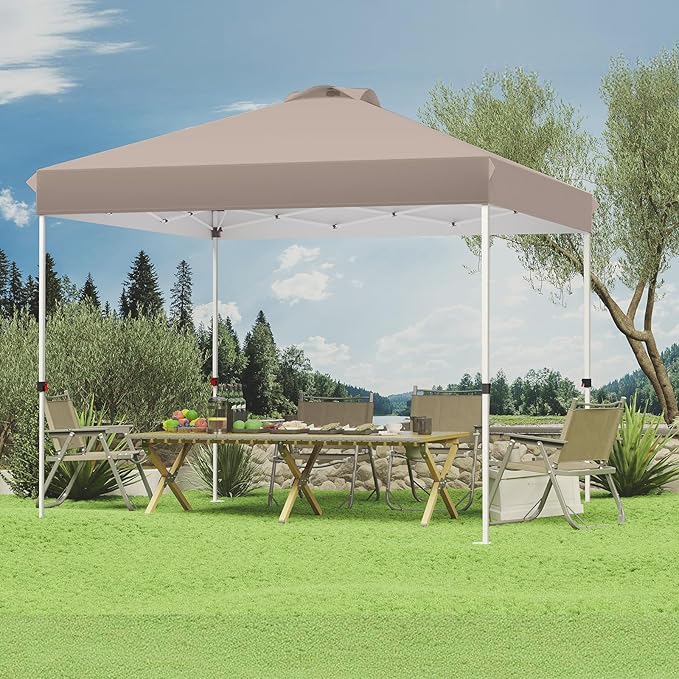 10x10 Pop Up Canopy, Heavy Duty Pop Up Tent with Wheeled Bag for Easy Moving, Easy Up Canopy Tent for Parties, Events, Camping, Outdoor Gazebo with 420D PU Coated Waterproof Brown Fabric