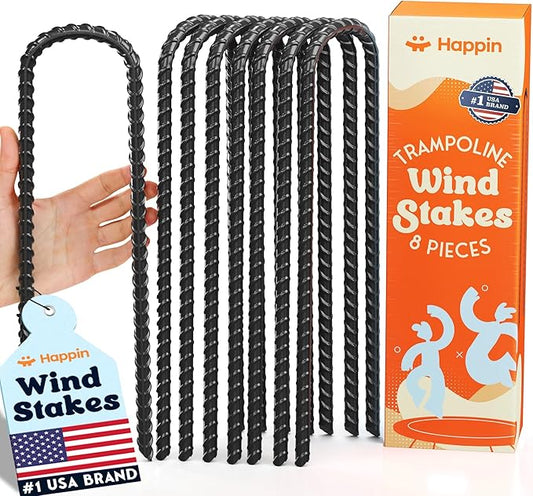 Happin® Ultra Strong Trampoline Stakes Anchors High Wind, Ground Anchors Heavy Duty, Trampoline Tie Down Anchor Kit, Ground Stakes Galvanized Steel, Trampoline Accessories, U Shaped (8 Pack, Black)