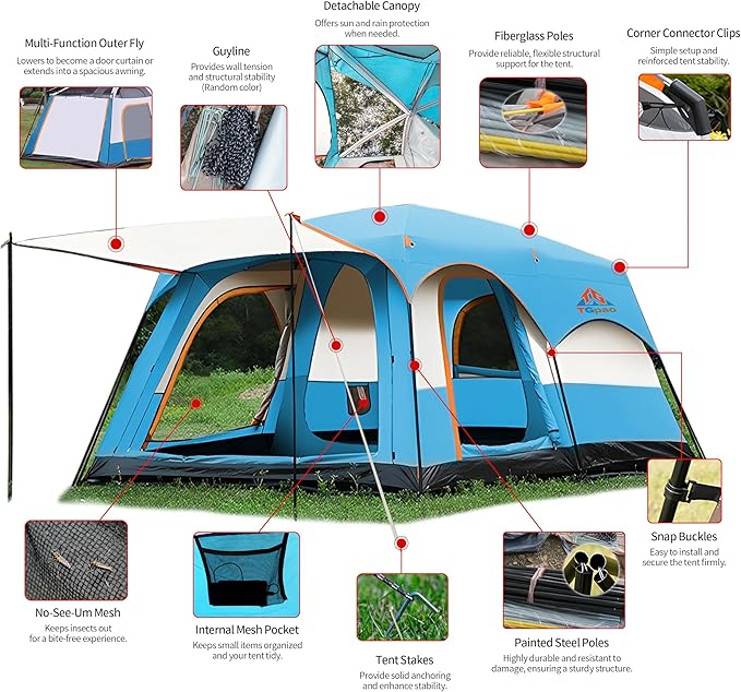Large Family Standing Upright Camping Tent - 5-12 Persons Multi-Room Waterproof Tent with Screened Porch - Glamping Tent for Outdoor Camping & Family Vacation