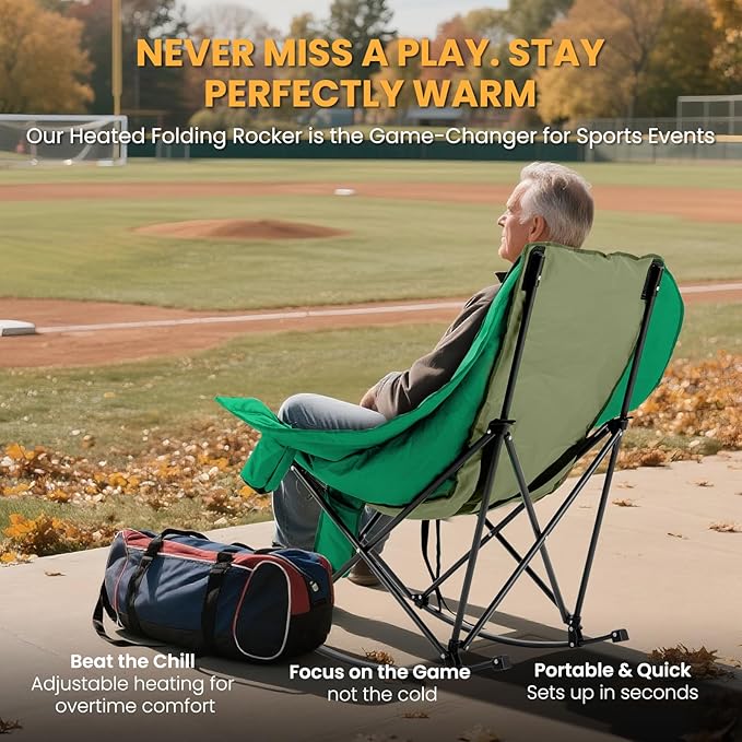 Begonia.K Oversized Heated Rocking Camping Chair - 400lbs Capacity Padded Camping Recliner w/ 3 Levels Back Seat Heat - Folding Lawn Chair with Side Pockets for Camp Patio Backyard