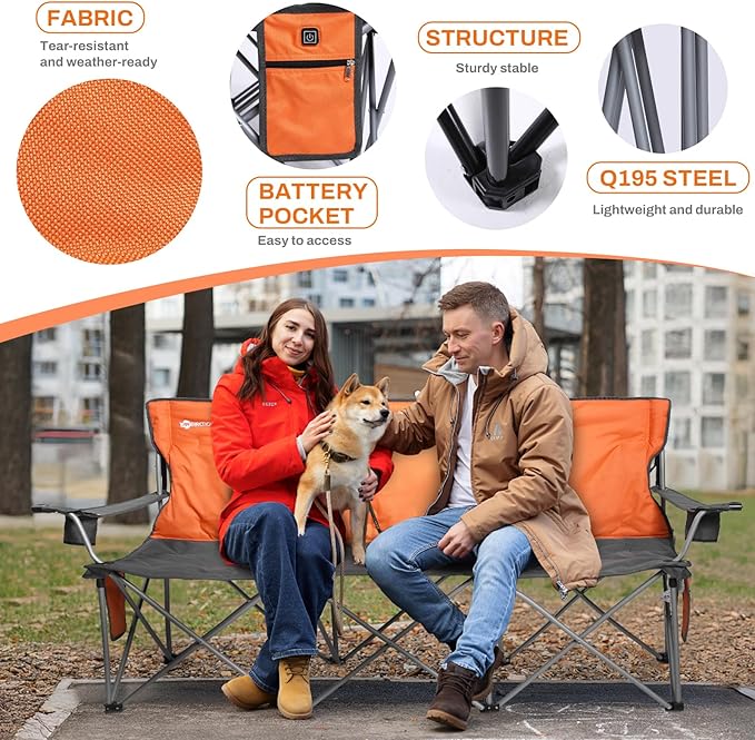 ANTARCTICA GEAR Heated 3-Person Camping Chair with 12V 15000mAh Battery Pack - Heavy-Duty XL Folding Bench for Outdoor, Campsites, Tailgating - Portable Heated Seating with Adjustable Warmth