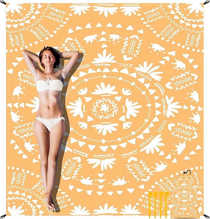 Sandproof Waterproof Beach Blanket, 78''×86'' Large Foldable Picnic Blankets for 1-4 Adults w/ 4 Stakes & 4 Pockets, Polyester Lightweight Sand Free Boho Outdoor Beach Mat for Camping, Hiking, Travel