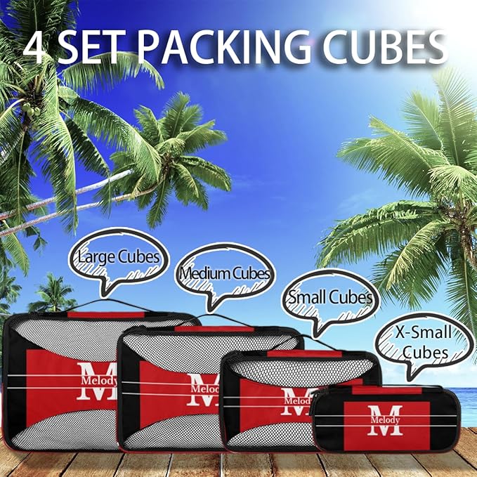 4pc Personalized Name Packing Cubes for Travel - Luggage Packing Organizers - Travel Packing Cubes for Suitcases, Red with Black, Initial Letter